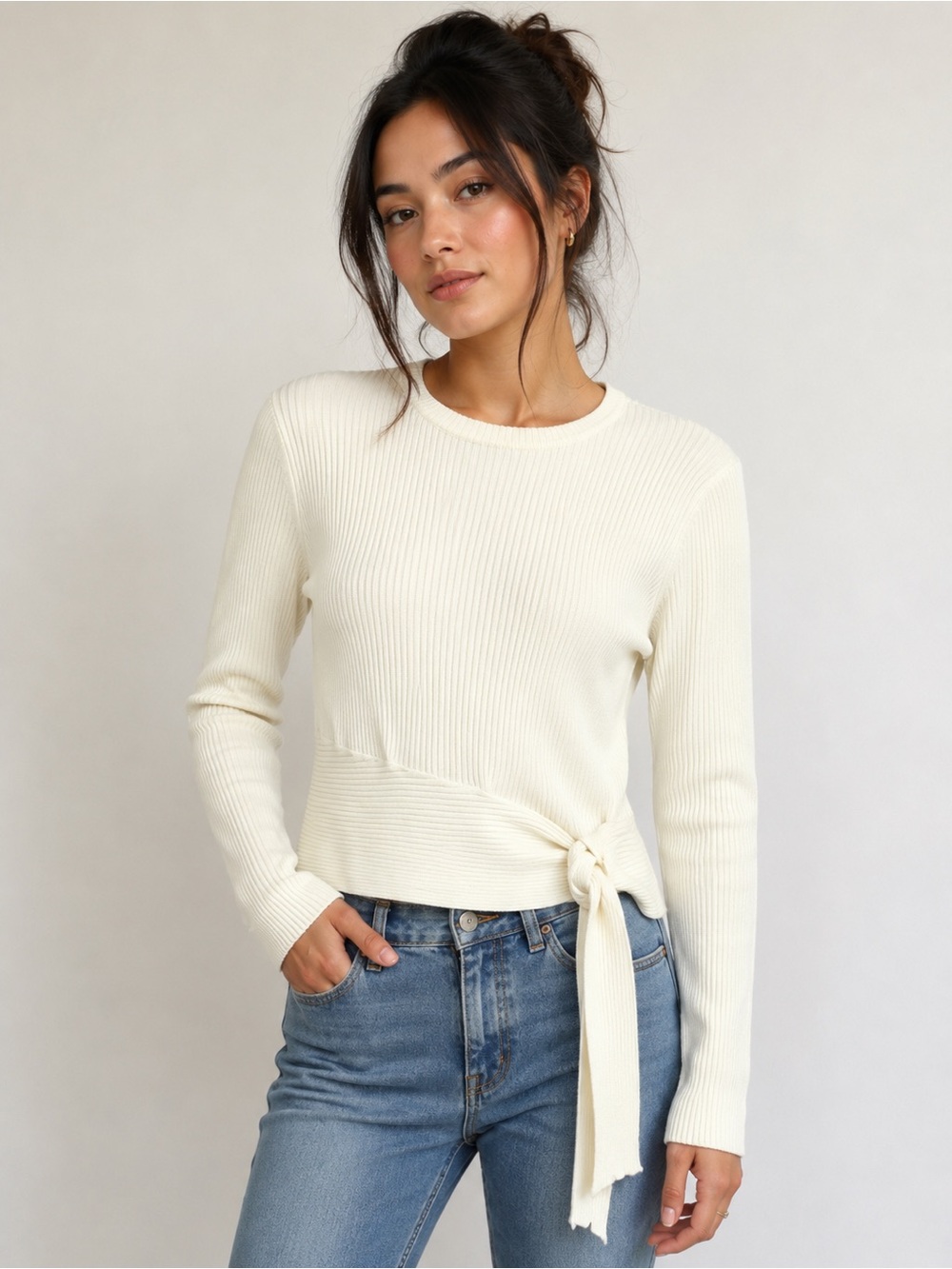 INTEMPO Ivory Ribbed Side Tie Sweater Women’s Large Crew Neck Long Sleeve